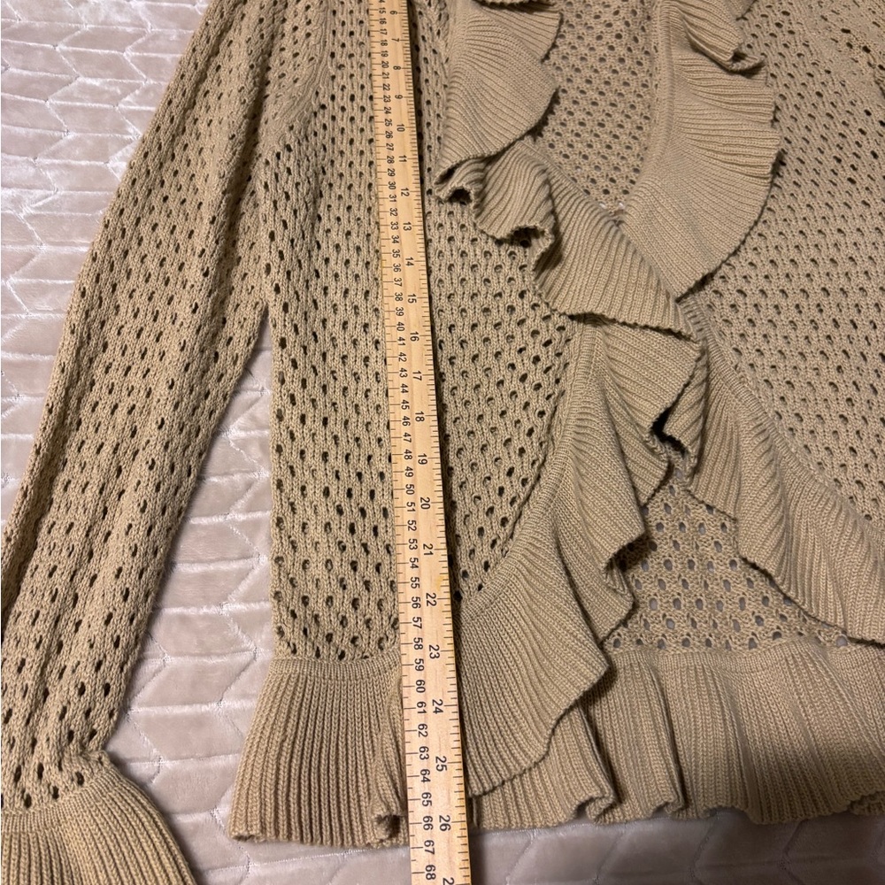 Vtg Pointelle Knit Cardigan XL Tan Ruffle Bell Sleeve Coquette Coastal Boho Doll - Picture 15 of 16